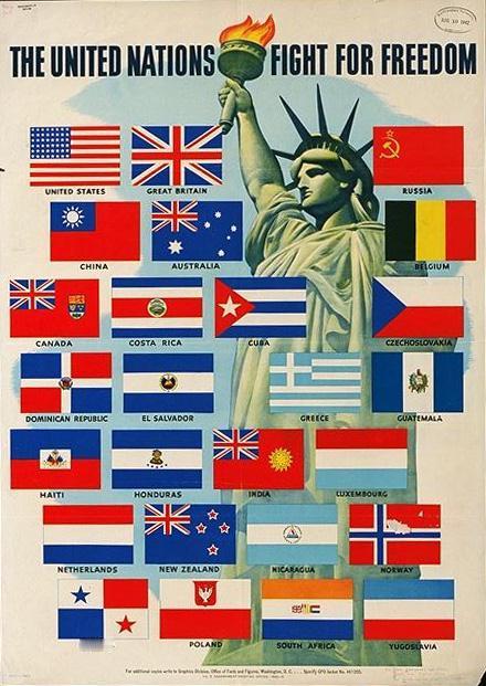 1942年，“联合国”成为同盟国的正式名称。当年的海报写道：“联合国为自由而战”