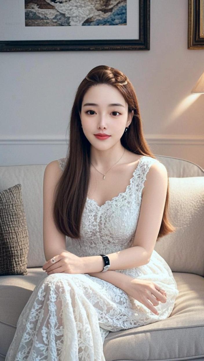 白裙蕾丝秀雅妆，长发披肩韵味长。 浅笑盈盈眸若星，娴静端坐自芬芳。 一...