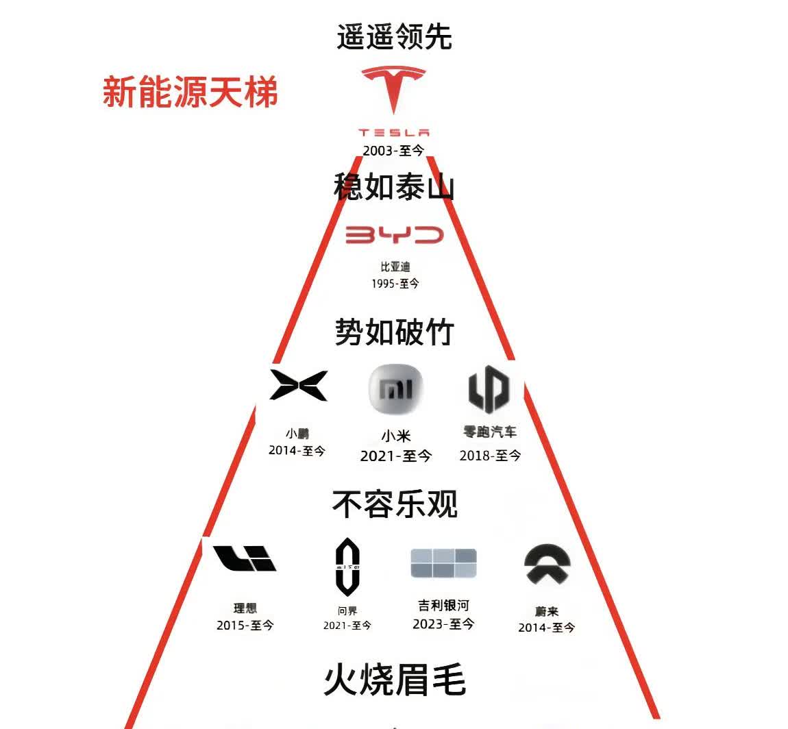 新能源汽车天梯图，登顶的不是比亚迪而是特斯拉[笑着哭]其实，无论从销量还是
