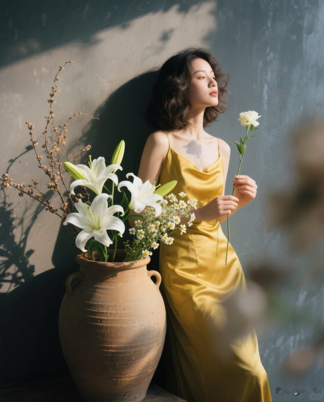 暗夜花间独白一袭黄绸裹身，倚旧陶罐边指尖轻捻花期，眸中藏星雾