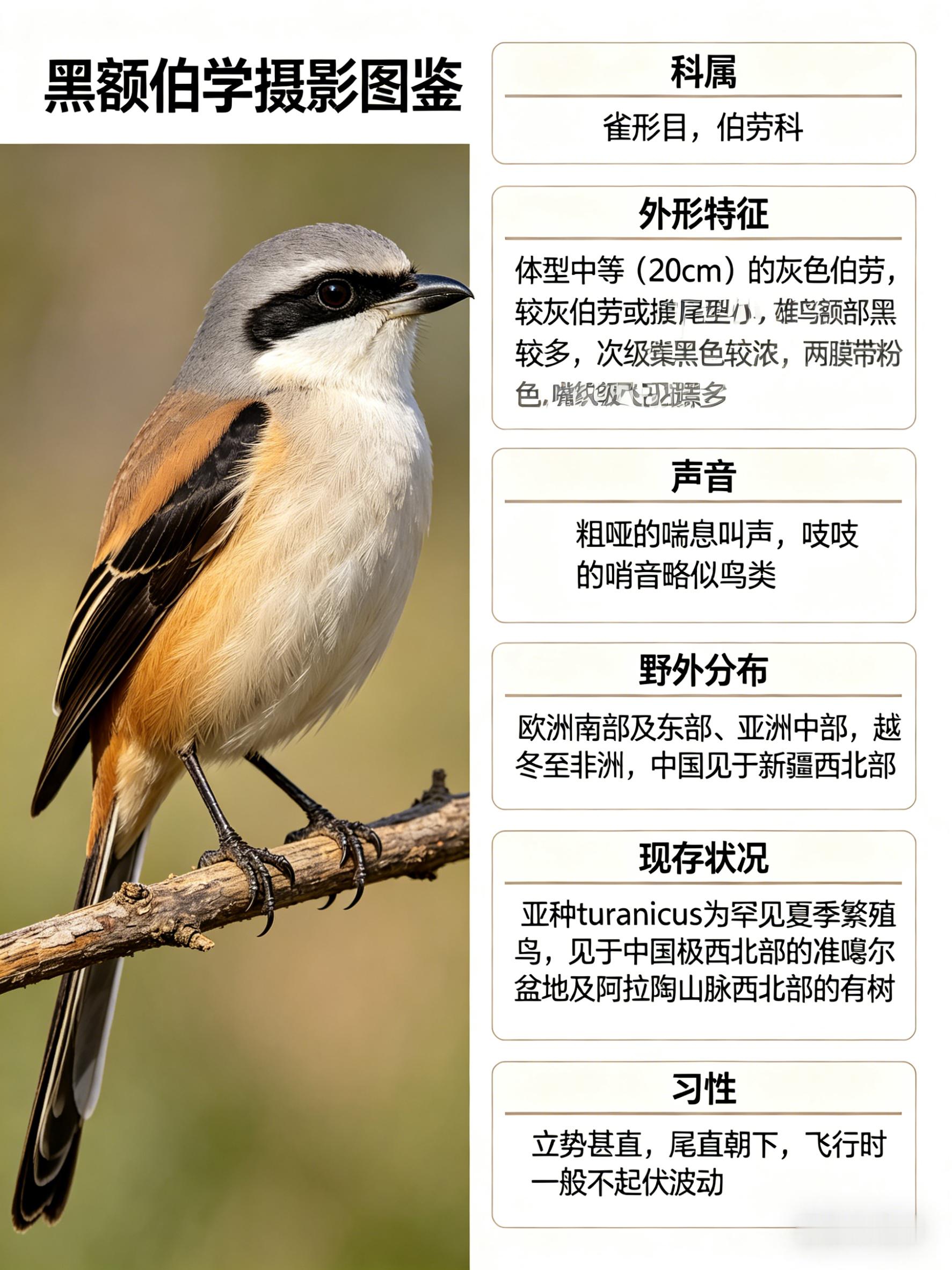 鸟类朋友图鉴黑额伯劳·科属：雀形目，伯劳科。·外形特征：体型中等（20cm）的