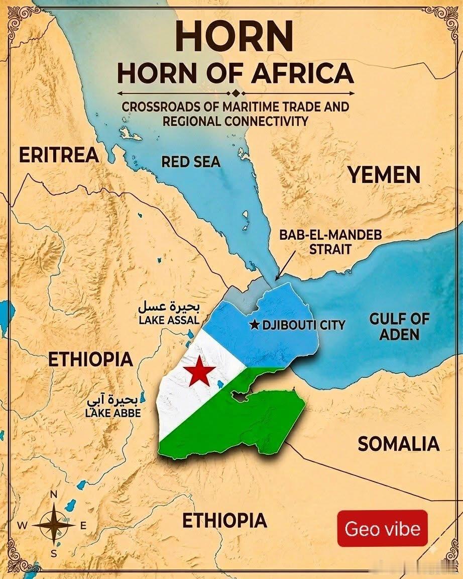 #地图趣读#吉布提，全称“吉布提共和国”，位于非洲东北部，扼红海（theRedSea）进入印度洋的要