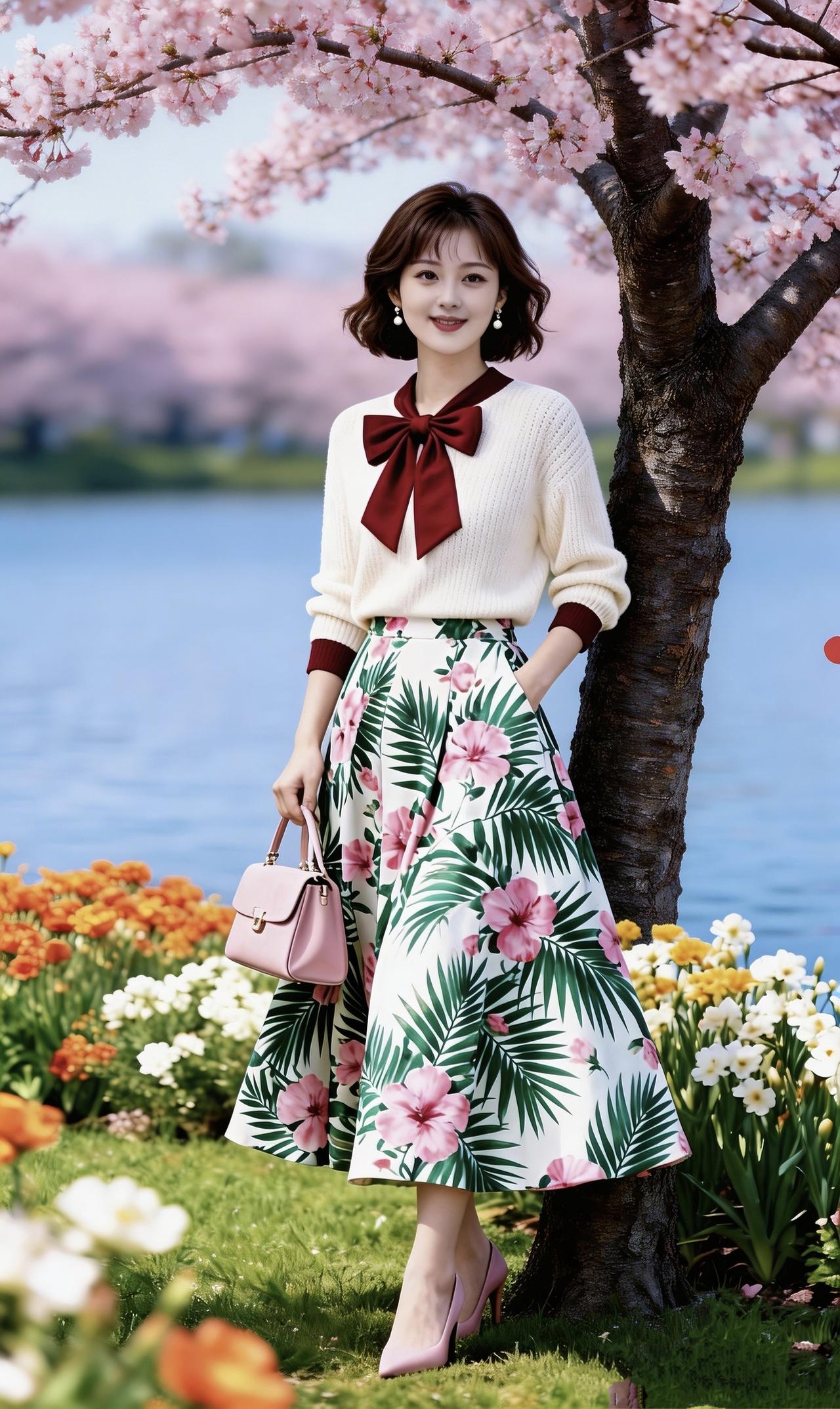 《樱下春行》樱云漫卷过湖光，风揉碎一岸晴暖你立在花影深处，笑靥撞碎了春澜