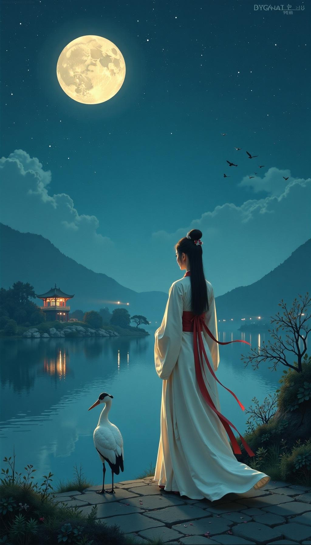 上联:何人解我相思苦下联:天上人间共此情古代诗意场景，夜空繁星点点，一轮明月