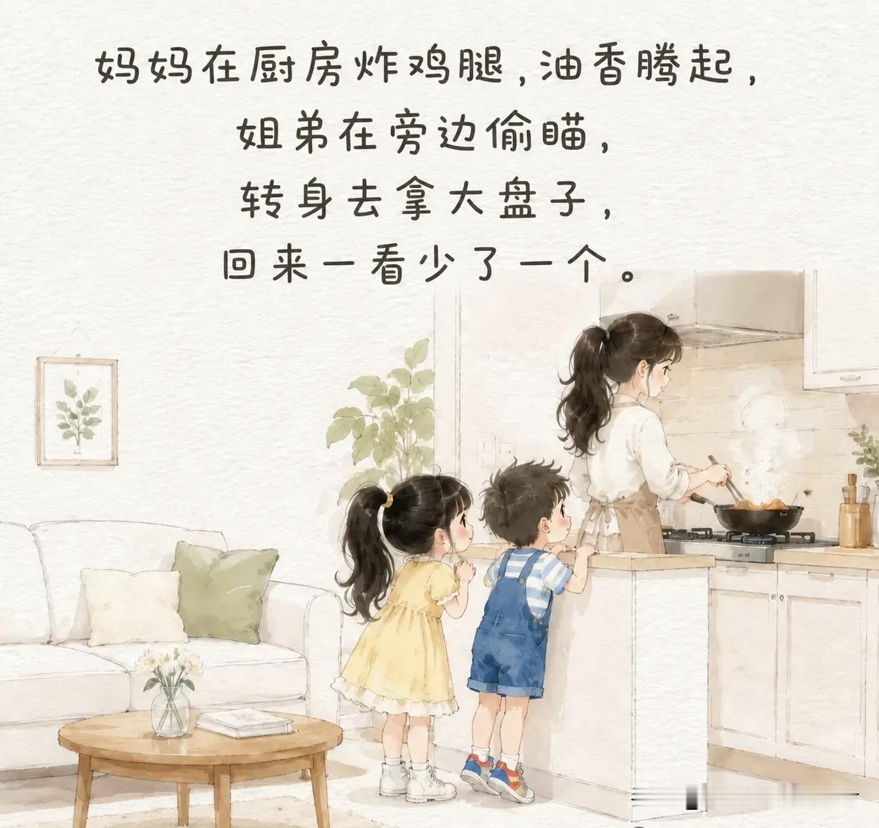 趣味漫画：：妈妈炸完鸡腿，转身去拿大盘子。回来一看少一个。妈妈：「谁拿的？」姐姐