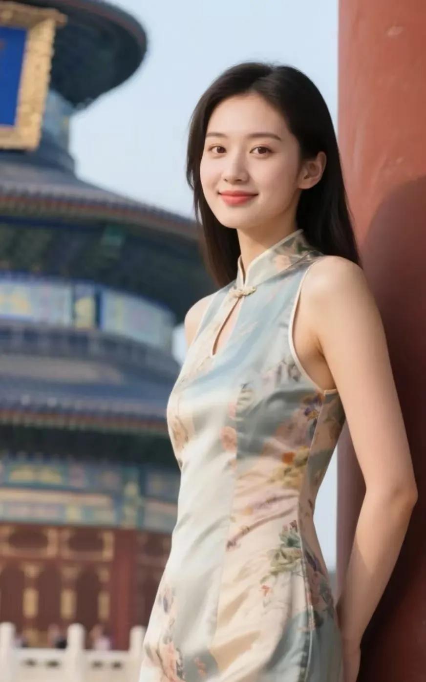 旗袍裹身，勾勒出女子曼妙身姿，纤腰盈盈，曲线柔美，玲珑有致间，尽显东方韵味与典雅