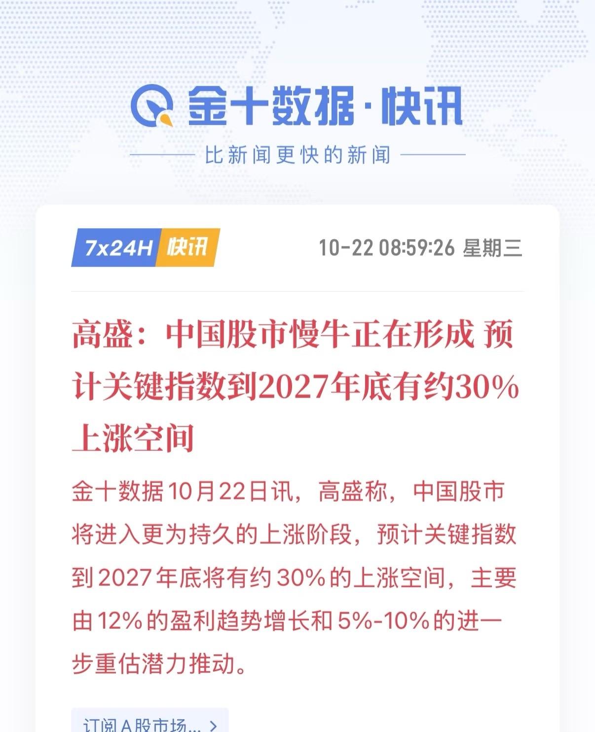 高盛：慢牛来了❗️高盛10月22日发布研报：它预计，A/H关键指数到2027