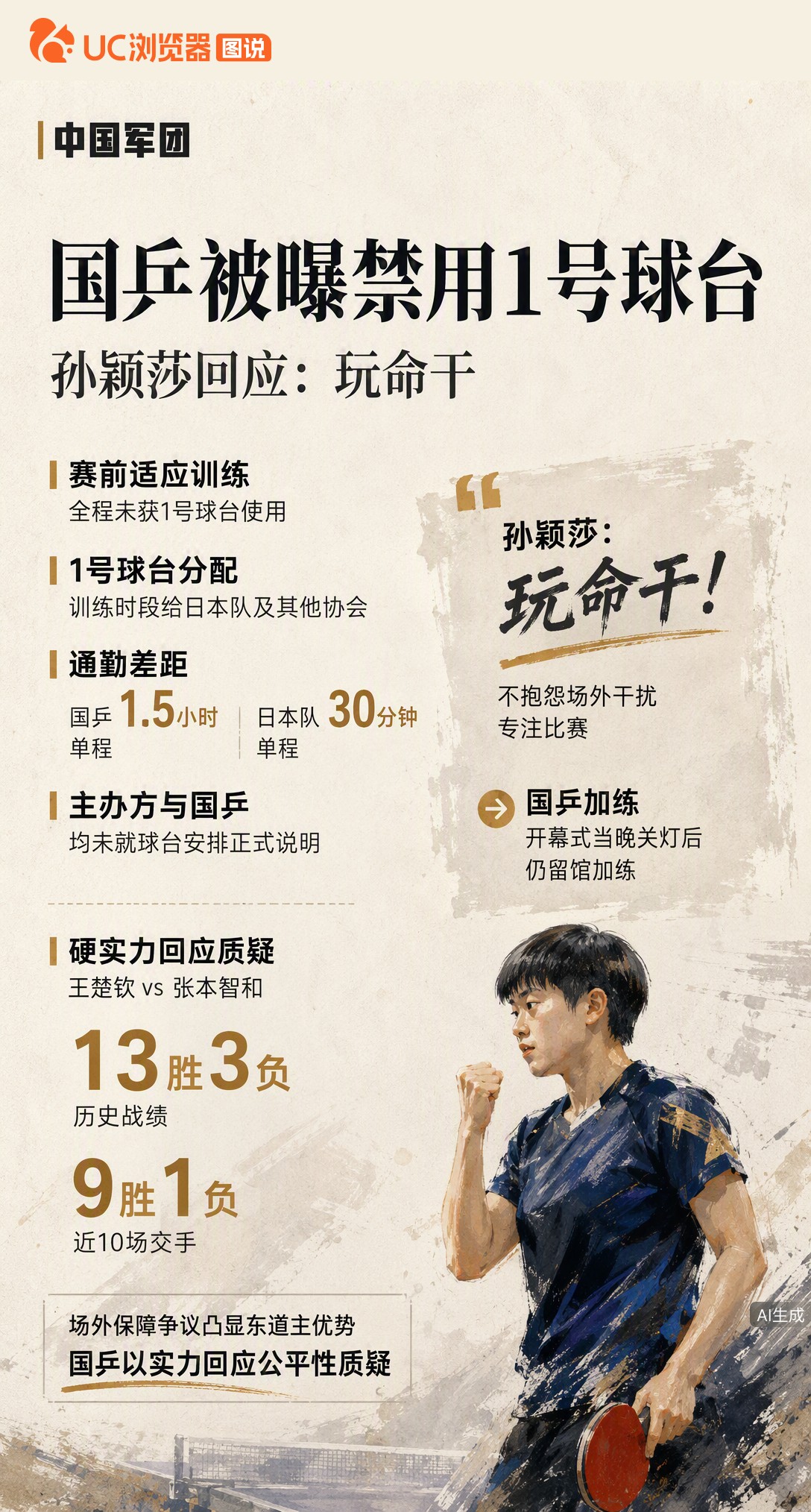 曝国乒亚运适应训练未获1号球台使用权，通勤单程1.5小时远超日本队。主办方暂未说明，孙颖莎回应不抱怨