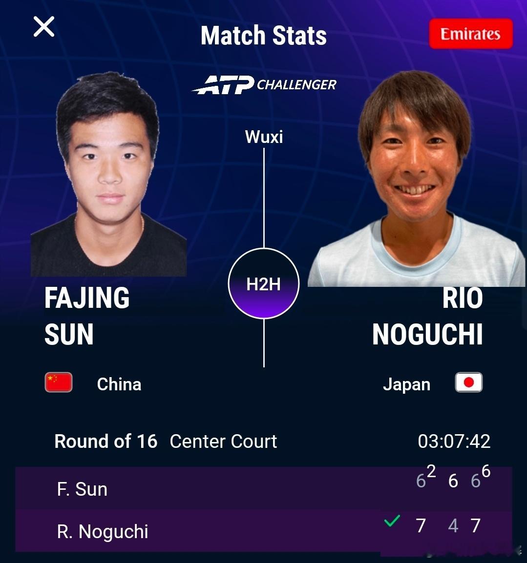 孙发京止步无锡第二轮ATP挑战赛无锡站第二轮，孙发京苦战三盘，以6-7(2)