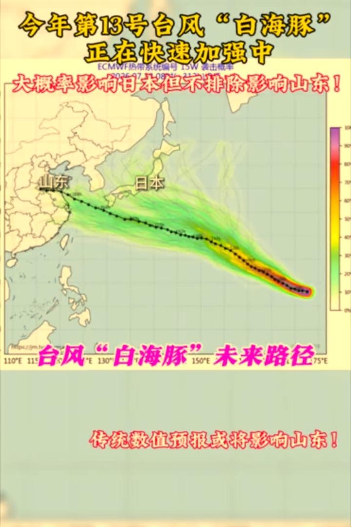 山东，山东，今年2613号超强台风白海豚已经离开日本直奔山东！山东又一次风雨交