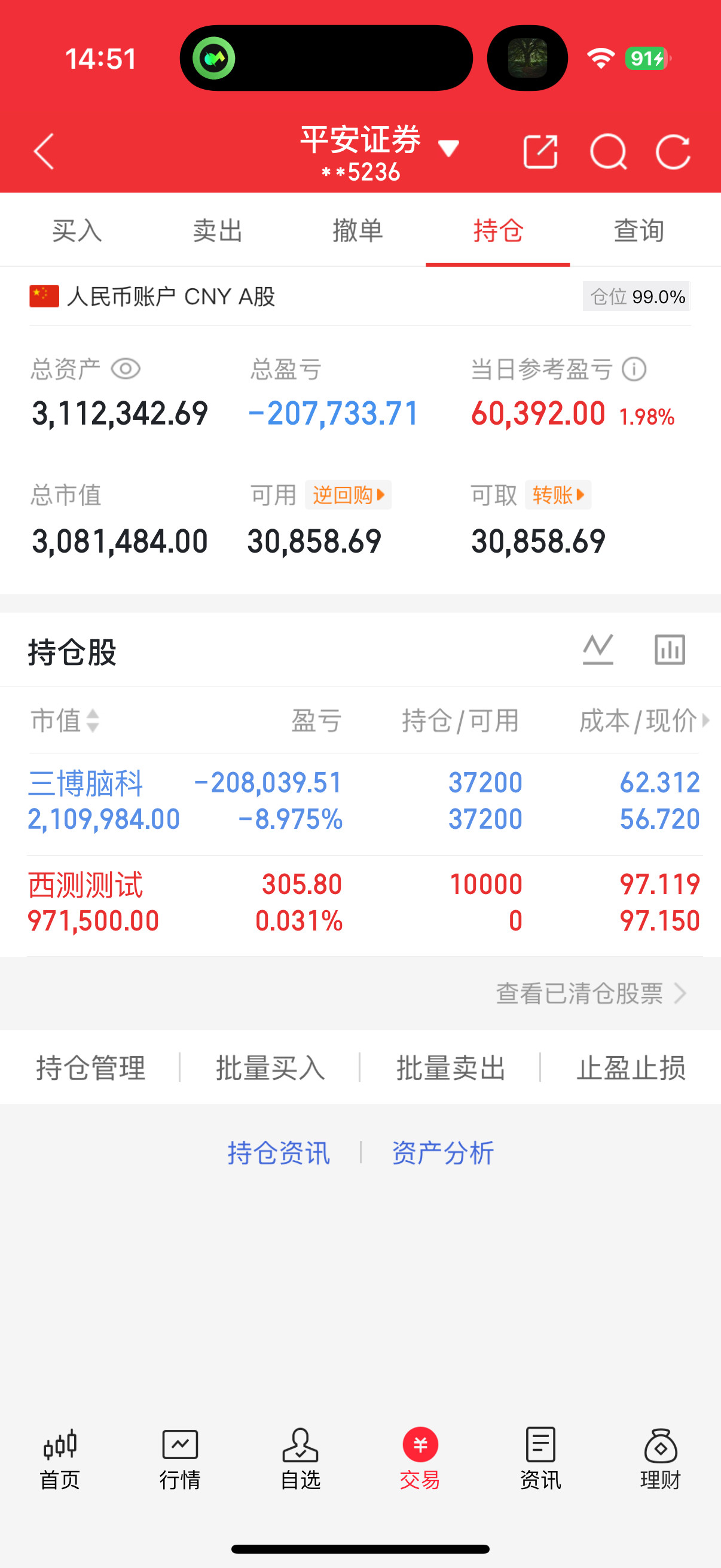 老才今天向帐户中增加了100个W，尾盘建仓了西测测试，目标先上100，静待花开