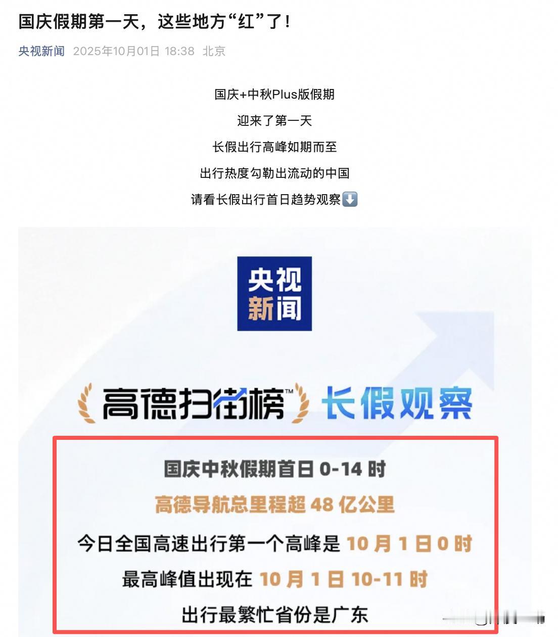 刚才刷到央视新闻和高德扫街榜联合发布的长假观察，和我预测的相差无几，只有一个地方