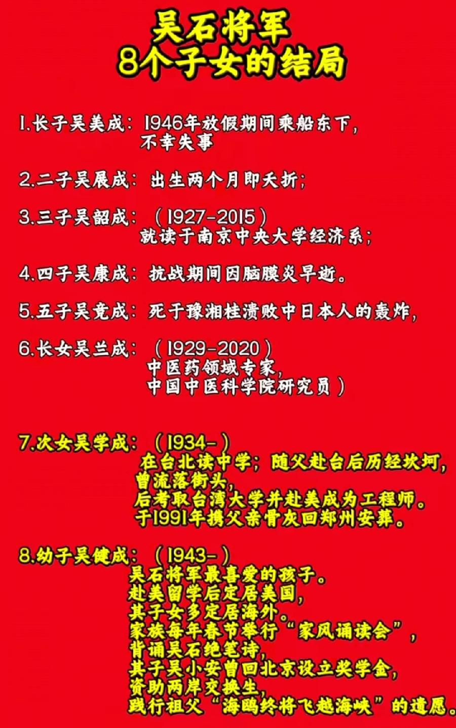 吴石将军，竟然8个子女！6个儿子、2个女儿！可惜早年身故4个儿子！大儿子吴美成，