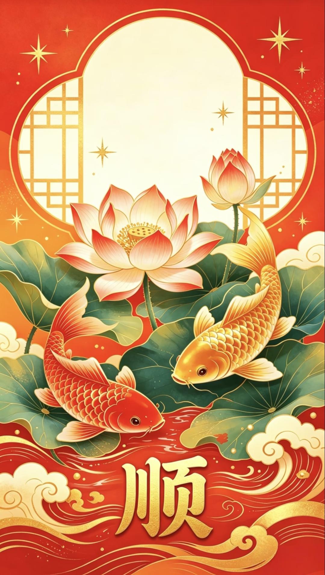 锦鲤戏莲好运到，步步登高路逍遥。锦鲤跃动，莲花盛开，好运撞个满怀！愿你万事顺遂