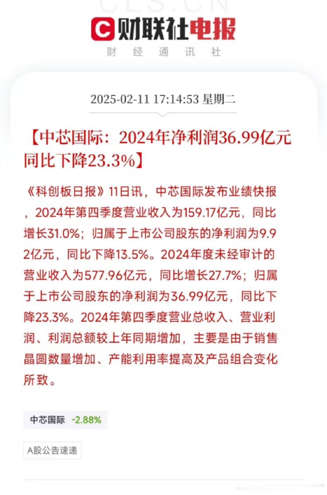 中芯国际，下降23%净利润。