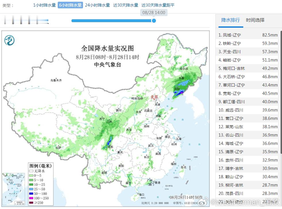 【强降雨和强对流】今天08-14时，系统性降雨，主要出现在四川甘肃以及辽宁吉林等