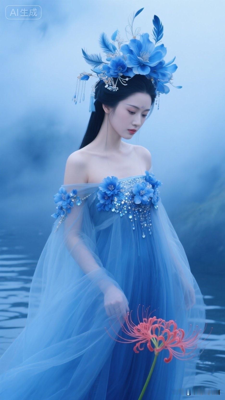 一位仙女穿着蓝色礼服站在湖边。
