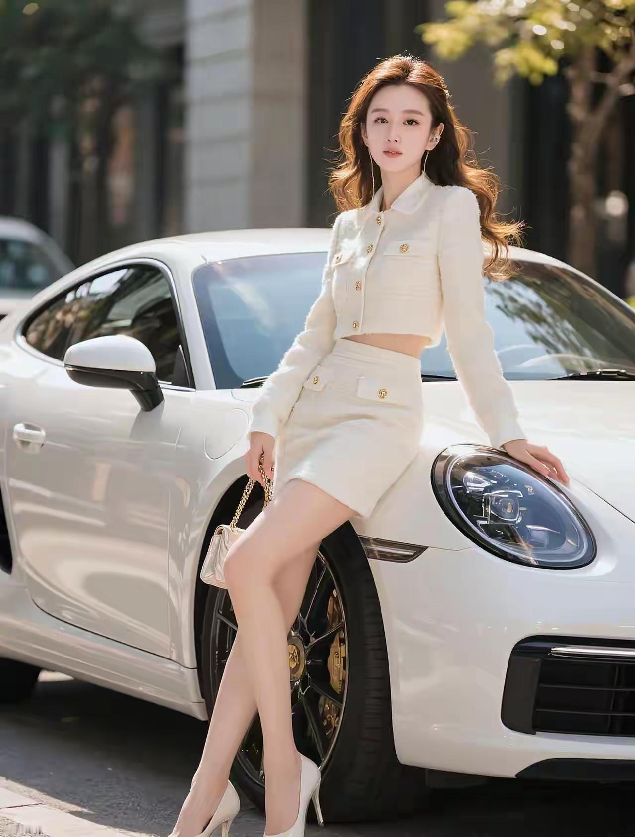 都市穿搭指南：白色套装搭配时尚跑车，尽显优雅与自信！美用手机镜头记录生活中美好