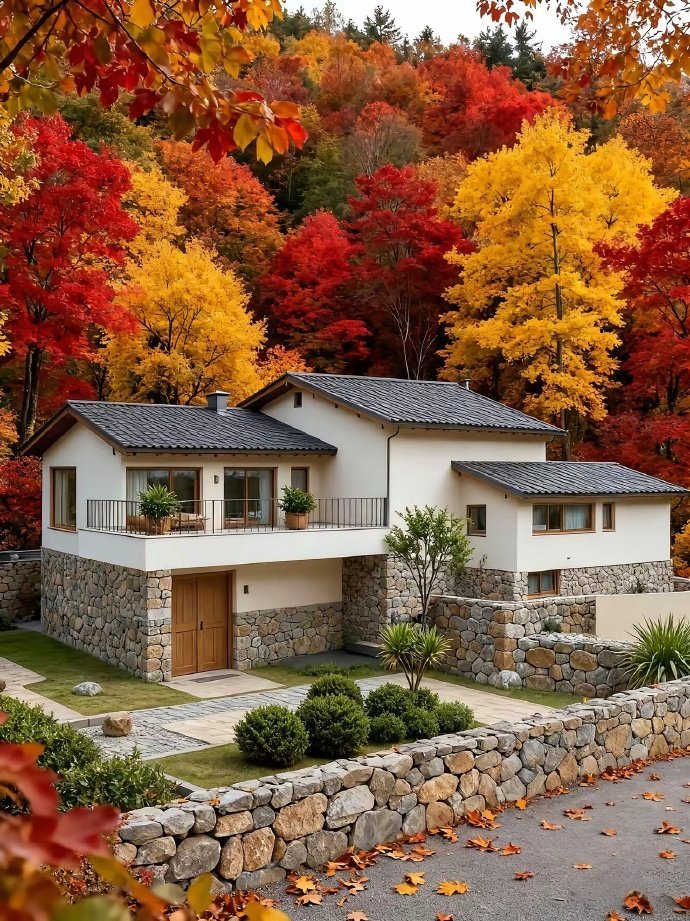 这屋舍，把四季过成了诗：春有繁花绕院，夏光浸檐；秋林燃作霞色，冬雪裹暖