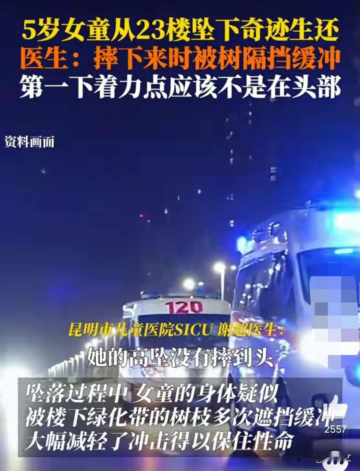 23楼坠下还活着?5岁女童的奇迹,藏着救命的树和警钟!昆明5岁娃从23楼掉