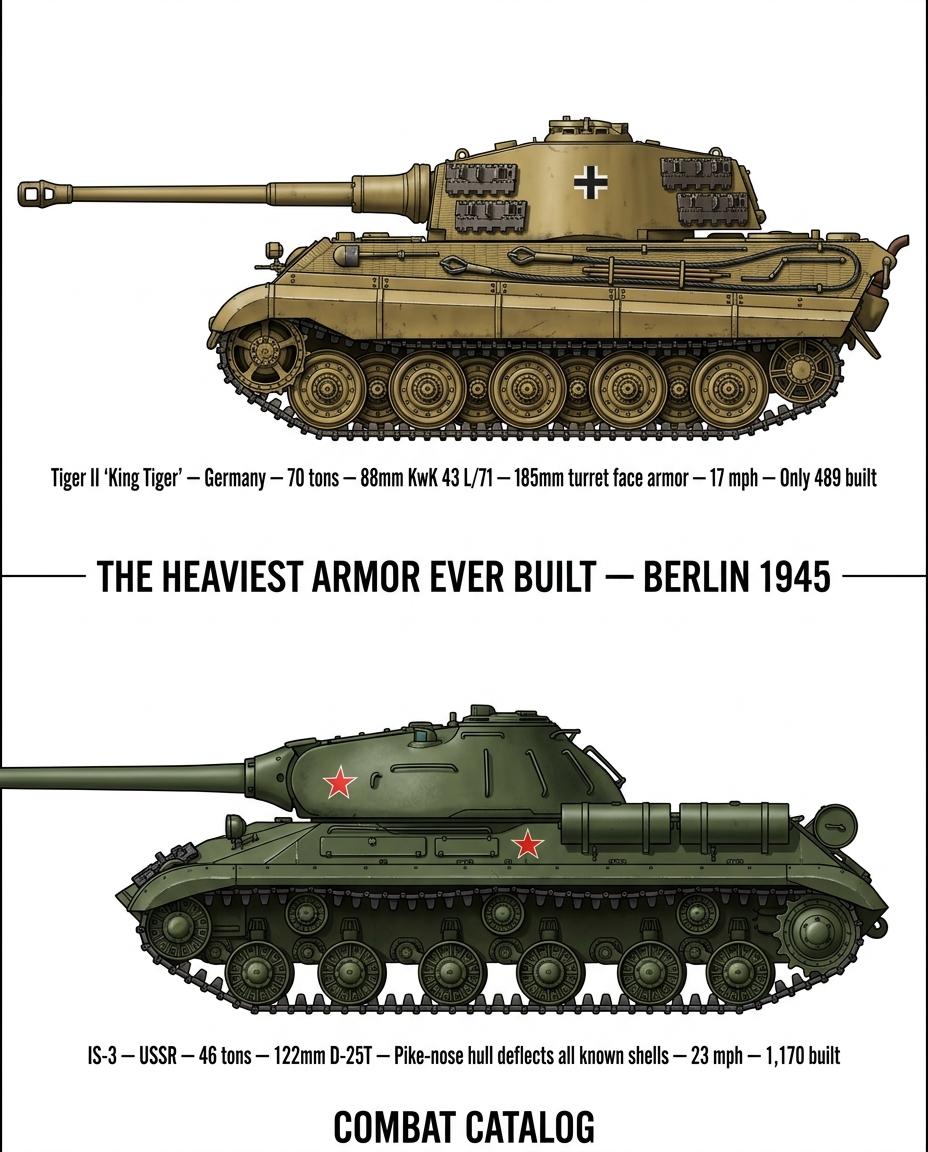 这张图直接对比了二战末期两大“重甲王者”——德国虎王和苏联IS-3坦克，