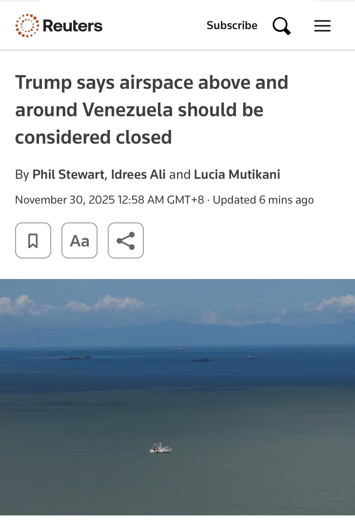 路透社：特朗普称”关闭委内瑞拉领空及周边空域”路透社华盛顿11月29日电、1