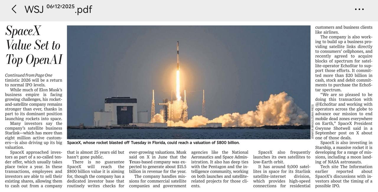 SpaceX估值8000亿美元，马上就要开始IPO了。这一估值已经超过了Open