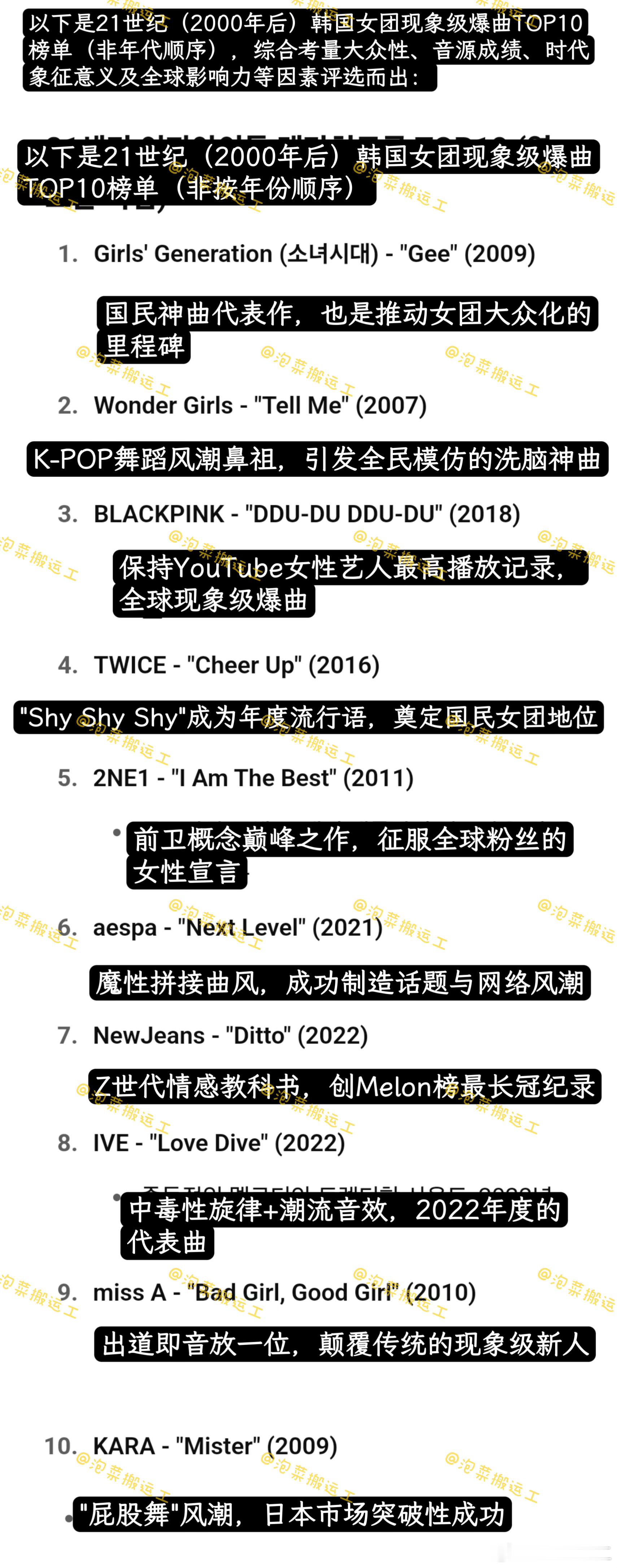 ChatGPT评选的21世纪Kpop女爱豆的十大现象级爆曲（非按年份顺序）：1.