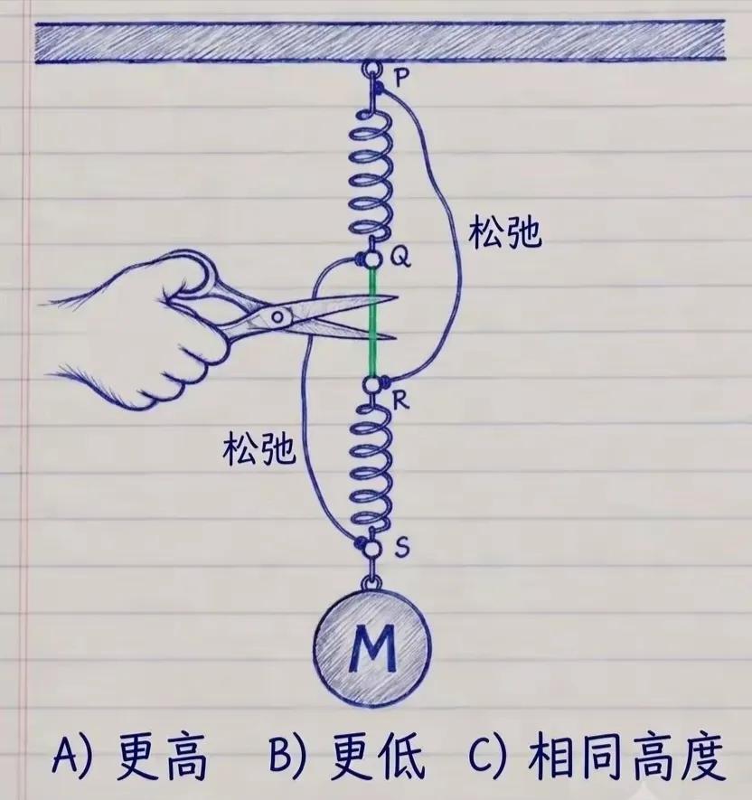 一个反直觉的物理现象：剪断这一根绿绳子，物体最终会在什么位置静止？物体是下降还是