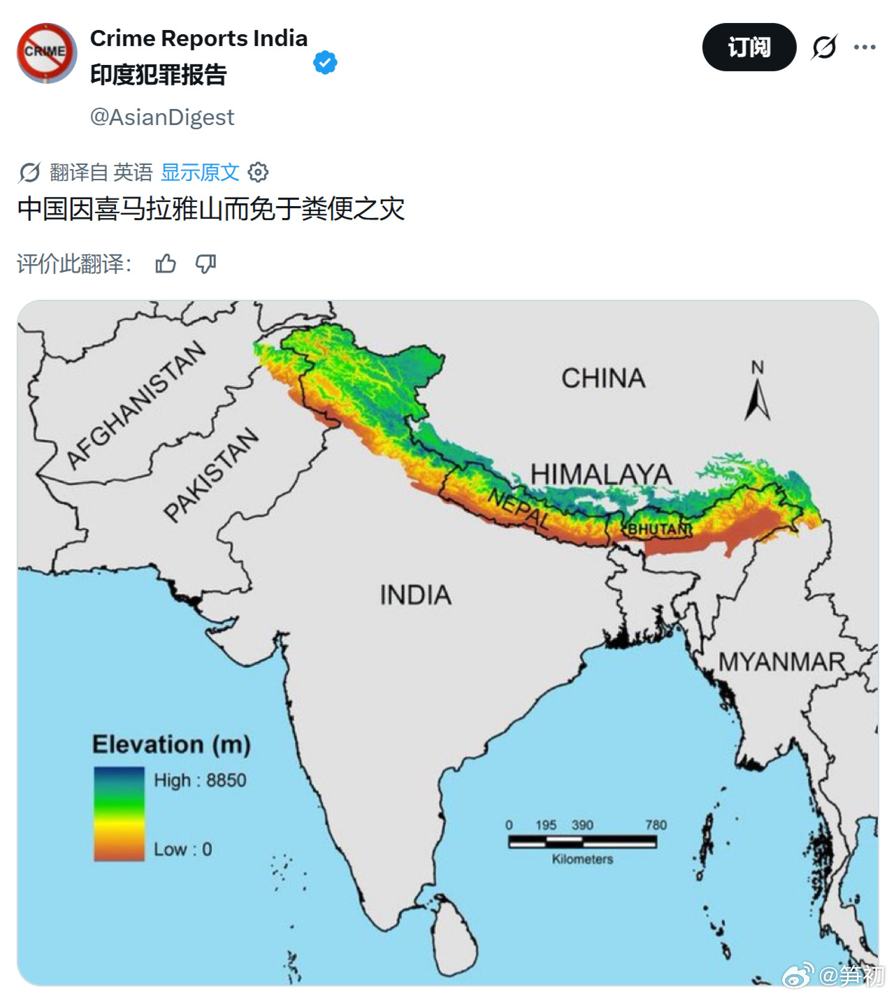 “中国因喜马拉雅山而免于粪便之灾”