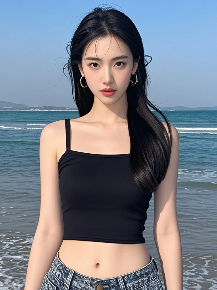 海月清姿，镜头定格美女与潮汐的静谧之约
