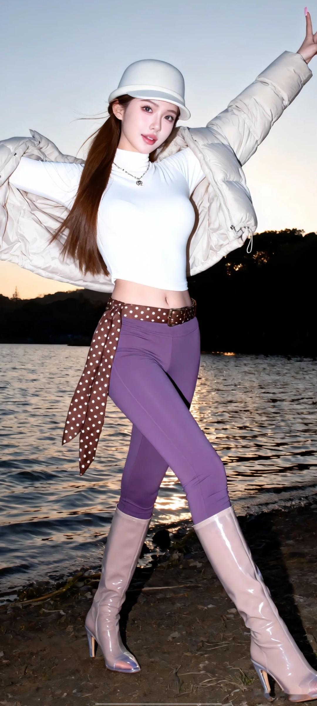 湖边漫步，白色羽绒服+紫色紧身裤，时尚又保暖！🌞👗👠你心中的美女啥模样女