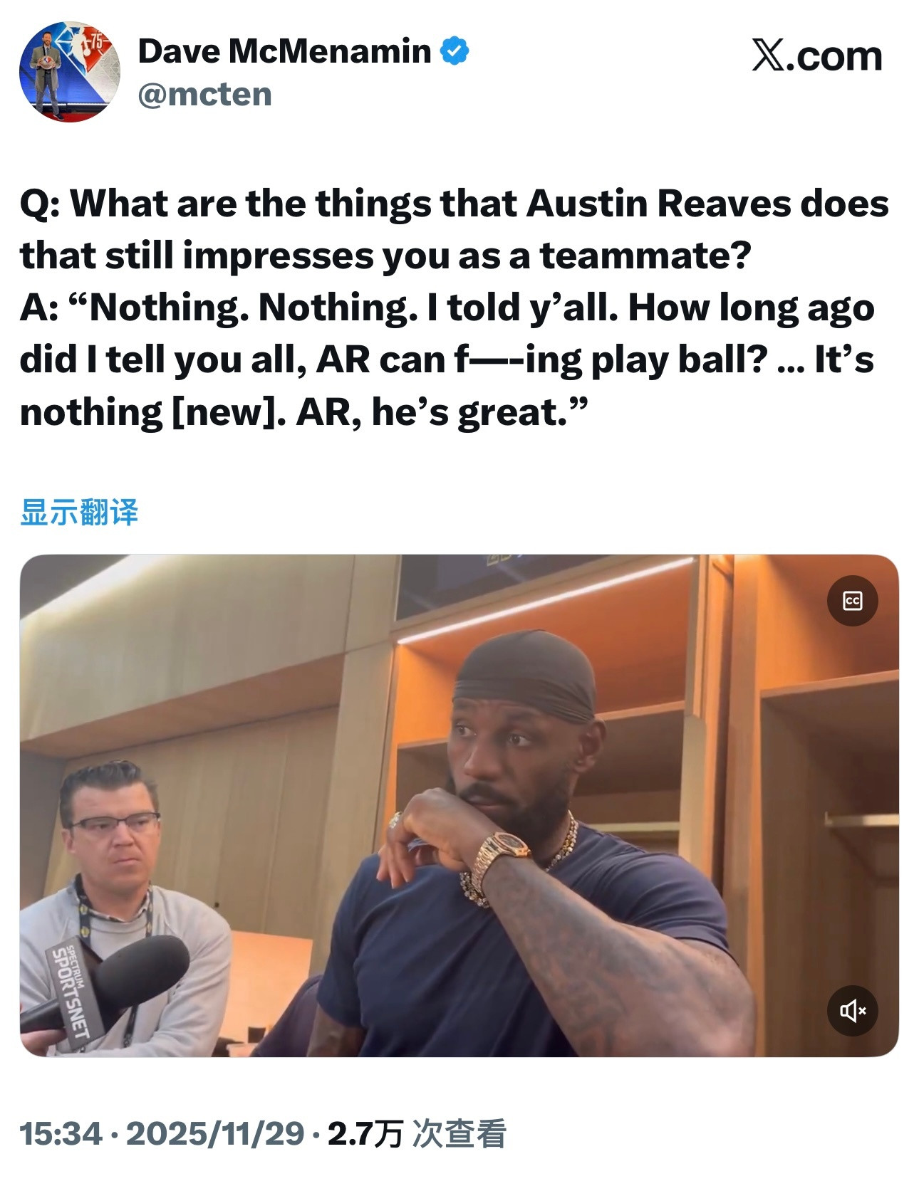 谈到里夫斯的惊人表现，詹姆斯对记者表示：“我早就跟你们说过，我多久之前就跟你们说