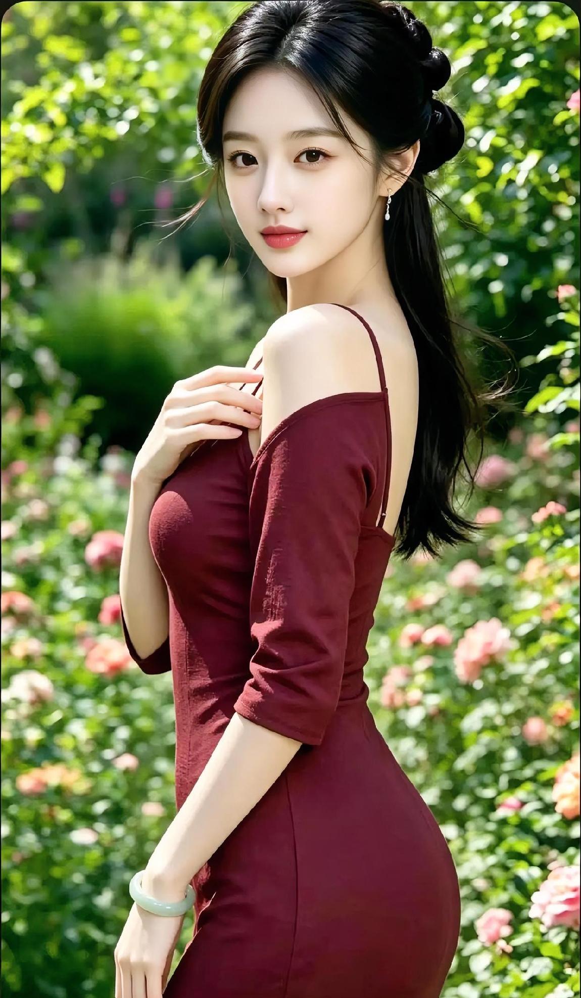 上阕翠影深处花轻摇，酒红裙角沾暗香。发髻绾住流光，回眸一笑温良。下阕
