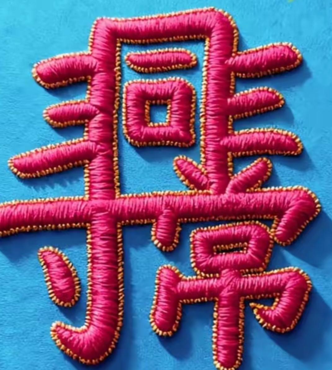 粉色刺绣图案，背景是蓝色。这几个字刺绣的很漂亮，非同一般呀。有认识的吗？读出来什