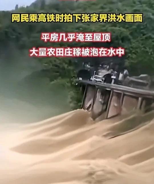高铁乘客拍下张家界洪水现场，平房快被淹到屋顶了！刚刷到一段视频太吓人了！有网