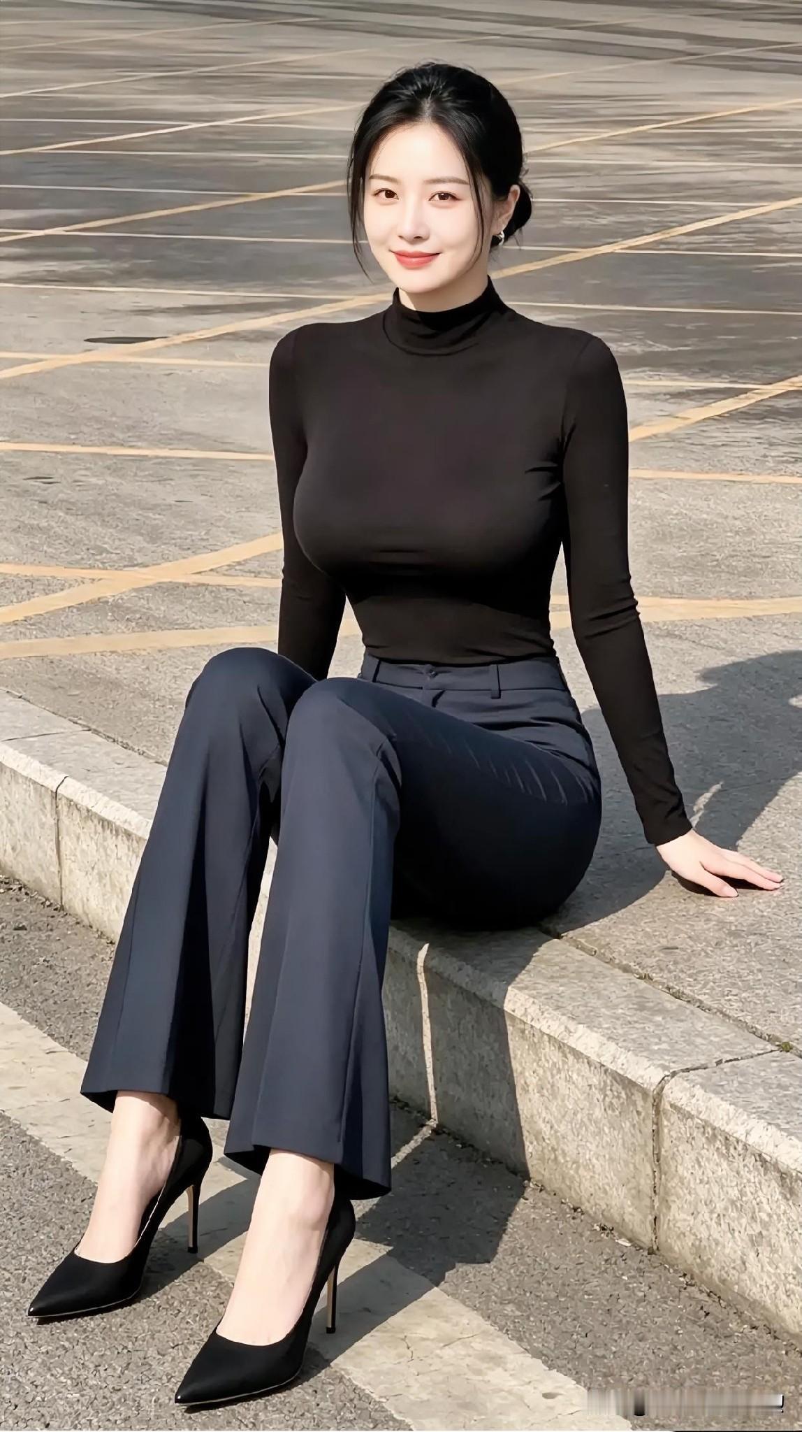 黑色高领衫搭配阔腿长裤，利落剪裁尽显都市女性的优雅与从容。