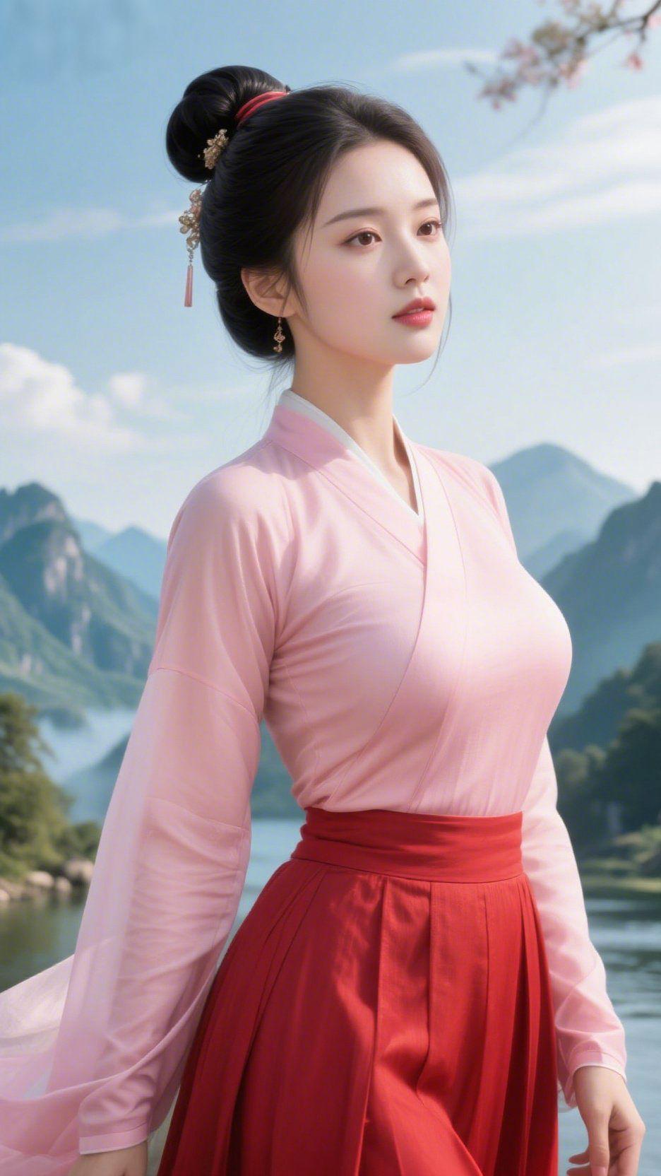 烟粉绛裙山风裹着溪涧的凉，掠过烟粉色衫袖时，软得像揉开的云絮。发髻上