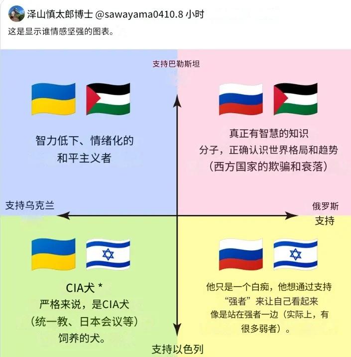 日本网友根据中国原版，结合日本国情，补充的巴以俄乌立场象限图。