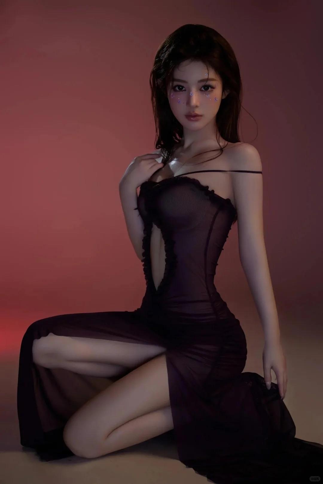 紫色网纱礼服写真｜高开叉+露肩设计，妹妹在暗红背景下美成冷艳尤物～怎样穿搭能显示