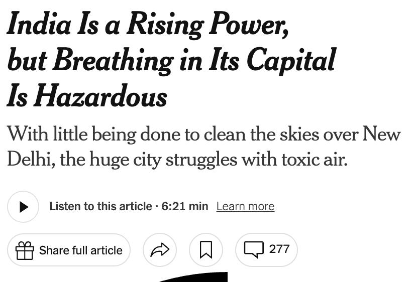 美媒：印度正在崛起，但首都新德里的空气却危险至极印度新德里这座拥有约300