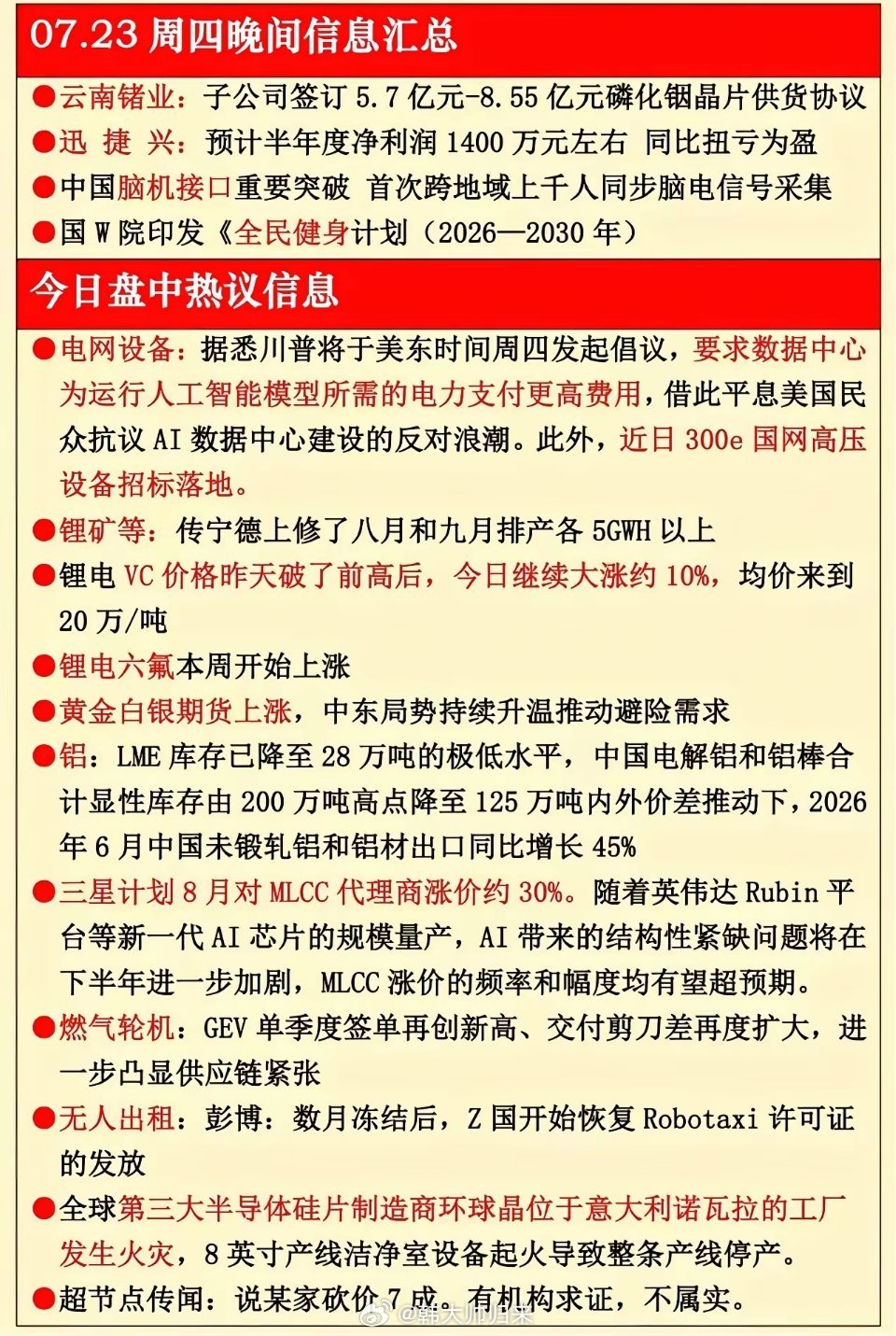 7.23晚间重要资讯梳理，多条产业消息值得重点留意！！！隔夜+盘前重磅信息汇总，