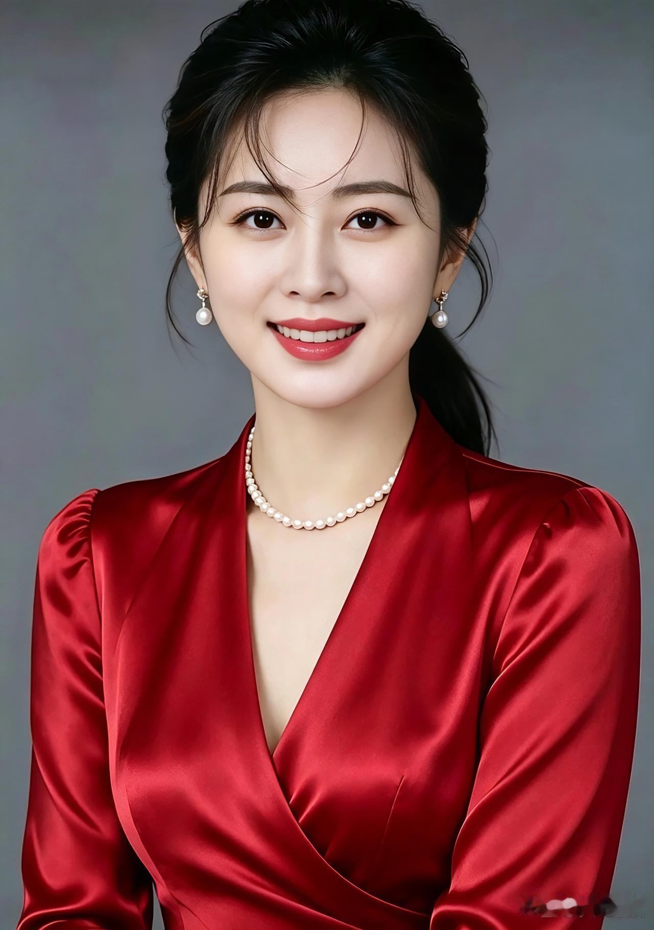 打油诗红衫雅致笑意扬，眉目柔婉福气漾。珍珠衬得容颜俏，心性宽和品性高。