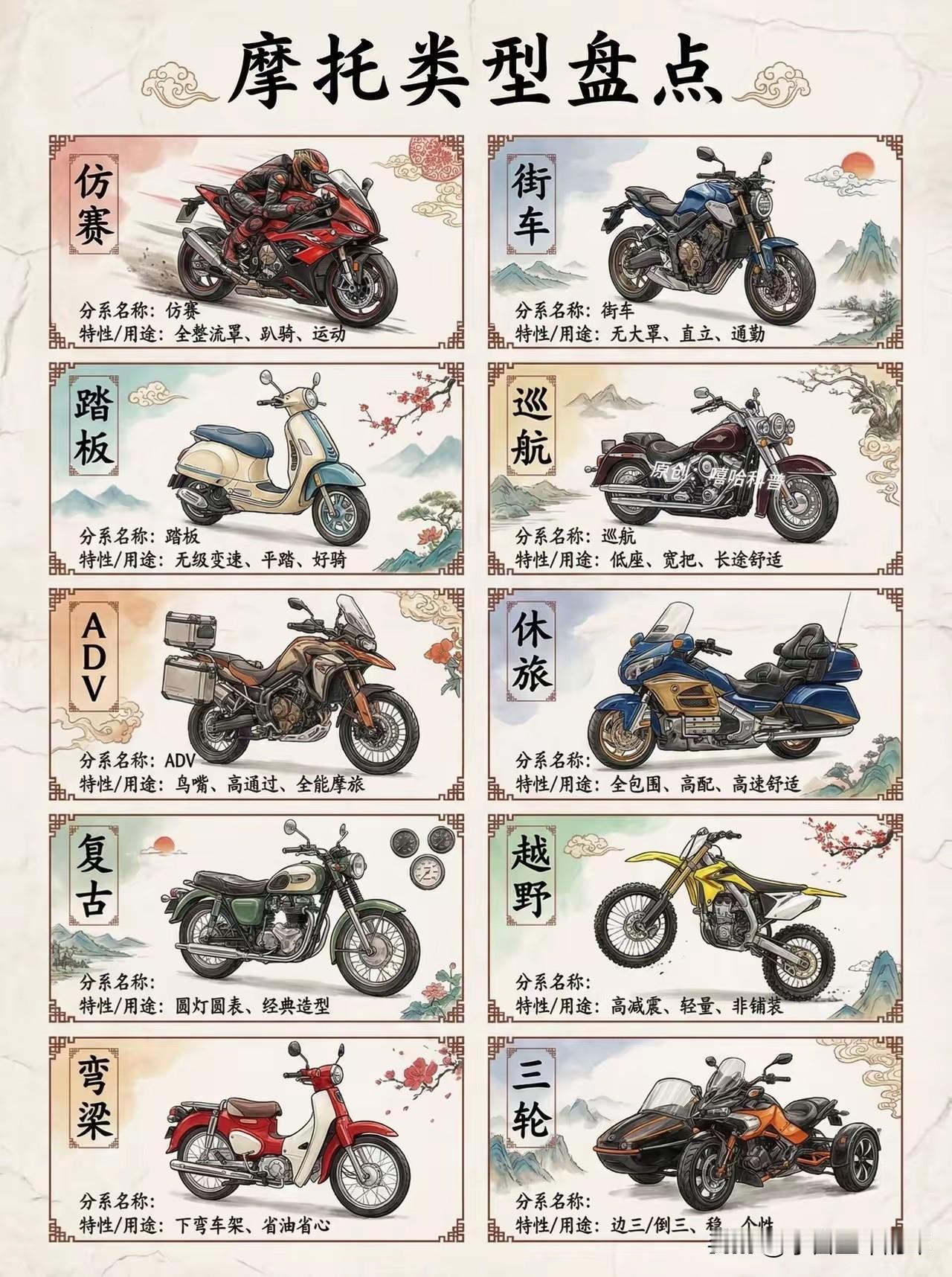一文看懂摩托车类型：从通勤到玩乐，选对不踩坑这张图把市面上常见的摩托按风格与