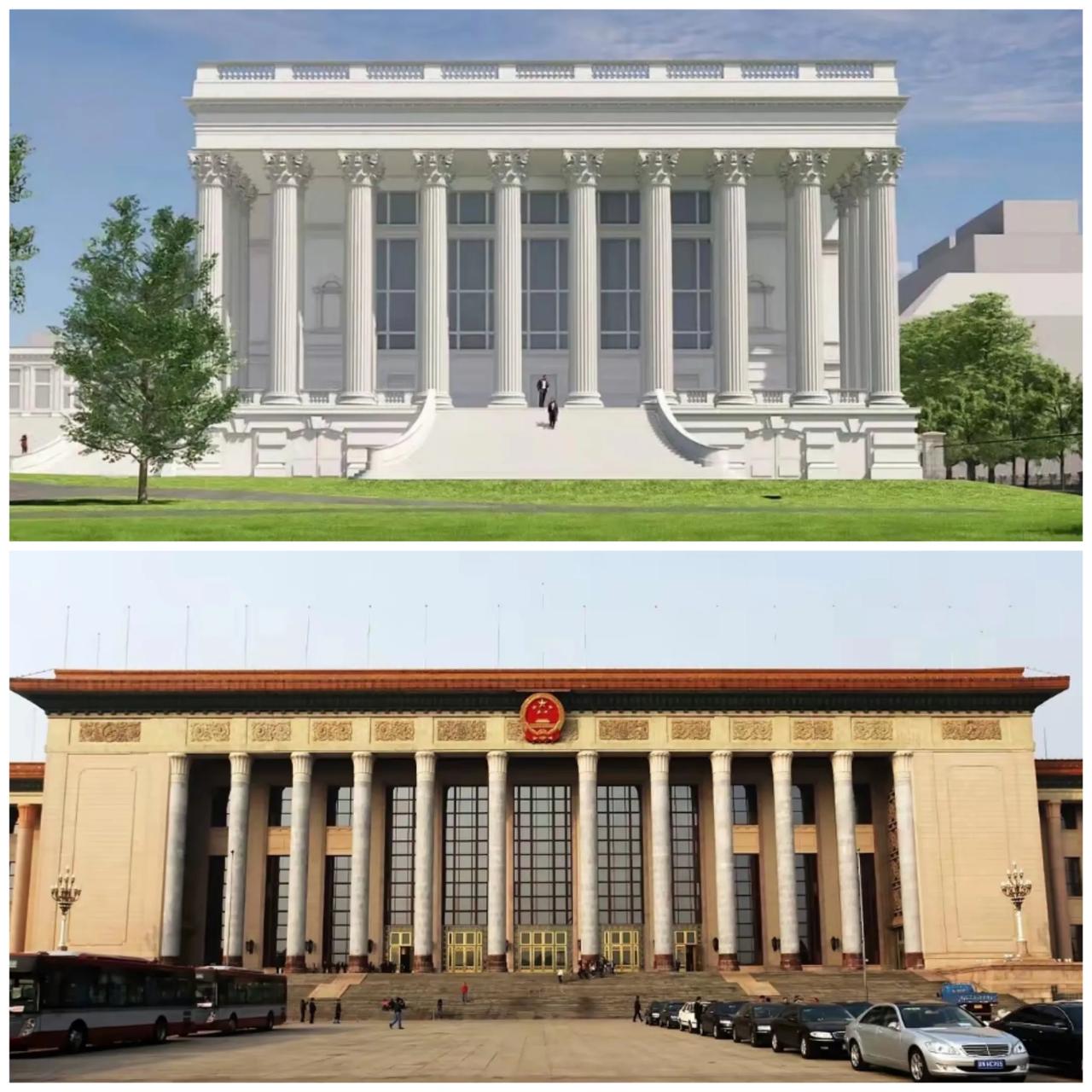 白宫扩建图效仿正面十根柱子人民大会堂。