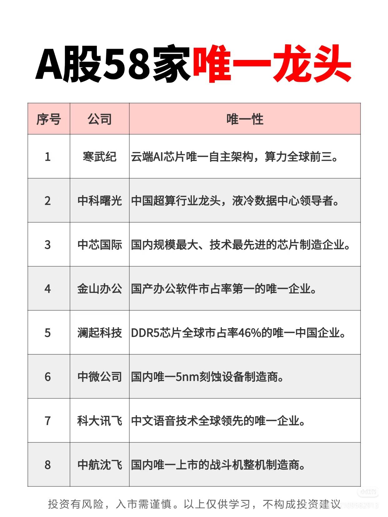 A股58家被称为“唯一龙头”的企业及其核心独特性，具体如下：1.寒武纪：云