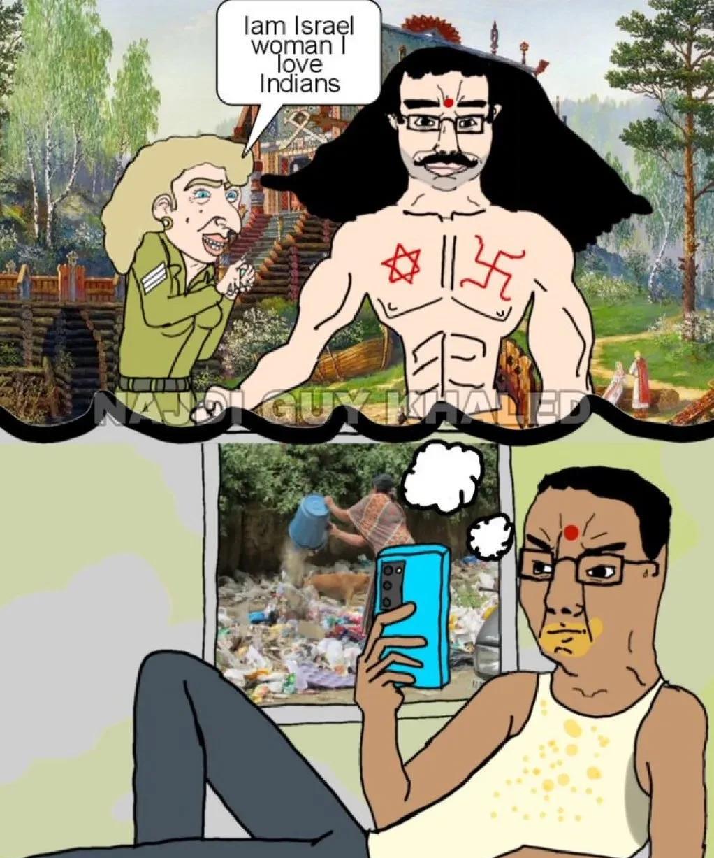 漫画解读。印度小哥休闲地葛优躺。左手捏着咖喱豆子吃。右手刷着手机。墙上一