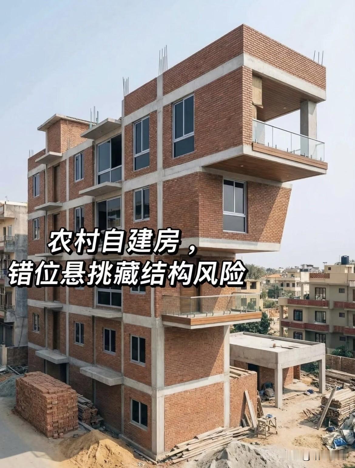 造型有多潮，结构就有多悬这栋自建砖混楼层层错位悬挑，造型错落有个性，但悬挑