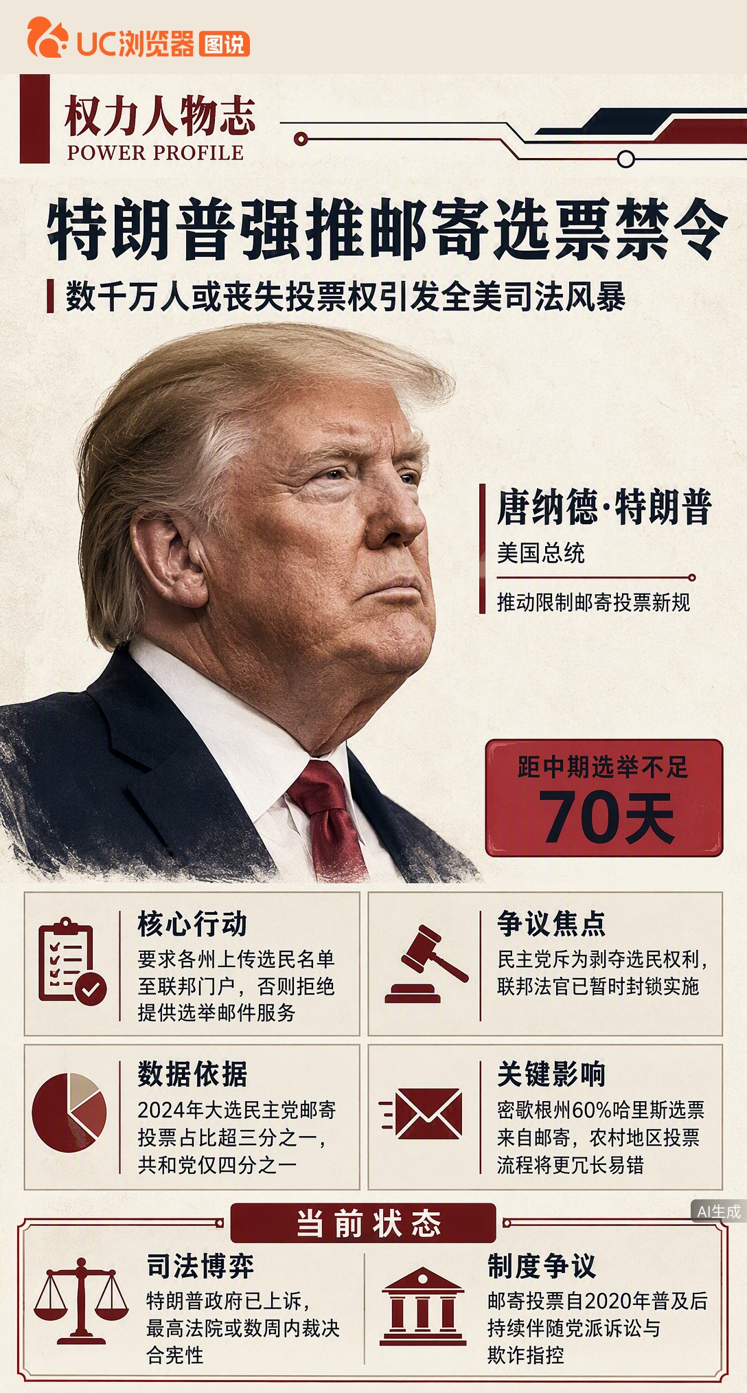 特朗普强推邮寄选票新规，被指精准削减对手票仓。联邦法官已紧急叫停，但政府随即上诉，最高法院或几周内裁