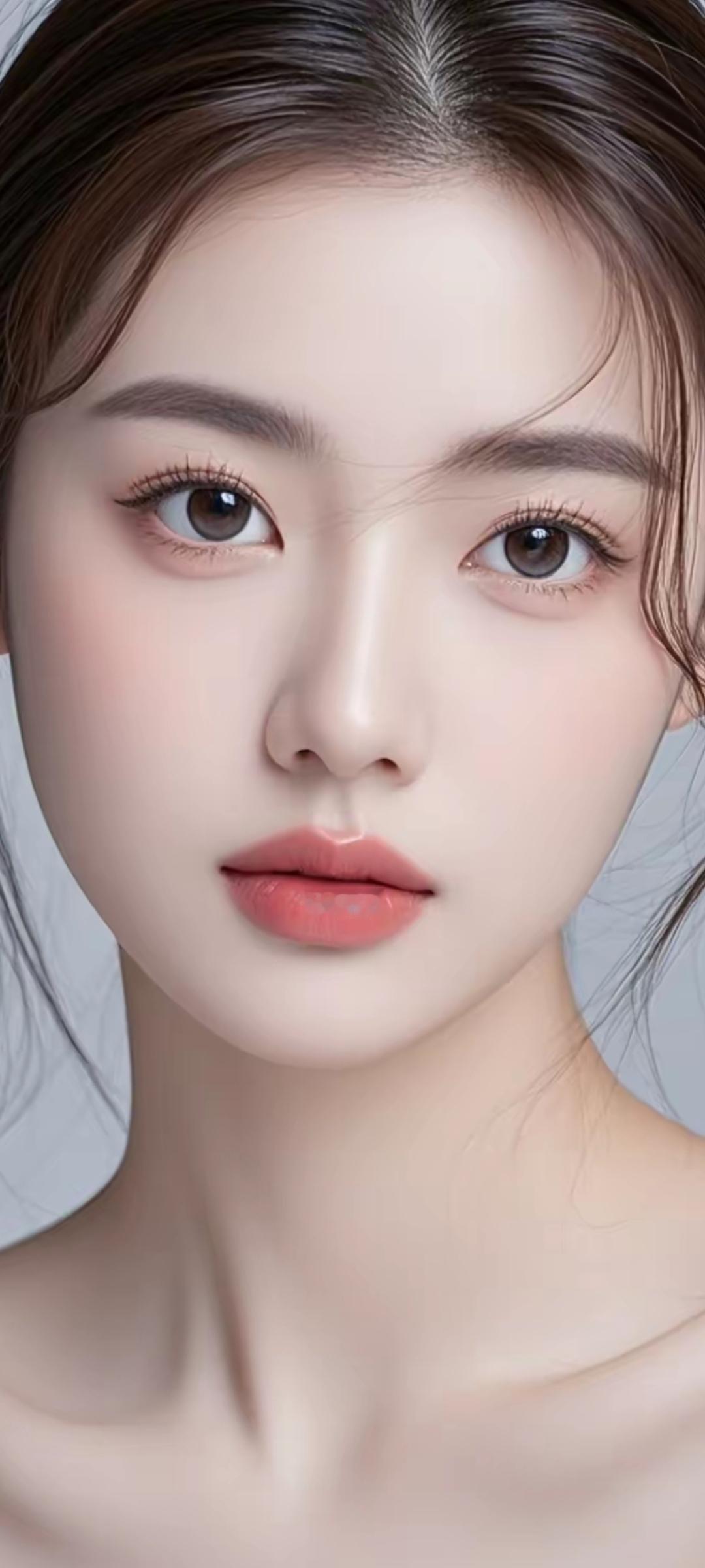 温柔甜美的少女，白皙肌肤，大眼睛，粉嫩嘴唇，清新自然。